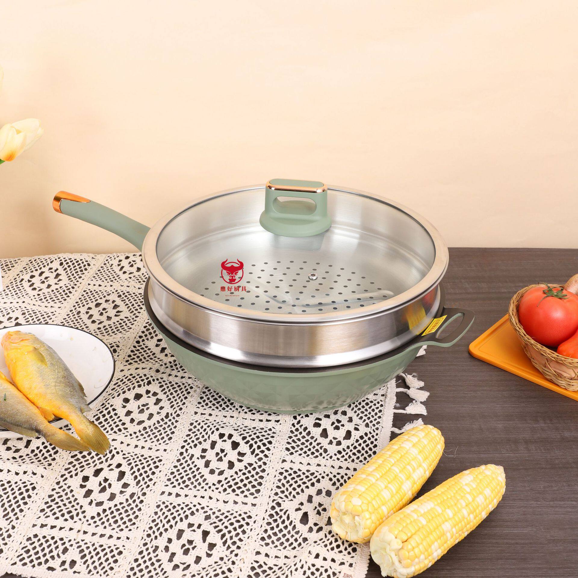 家用健康无涂层纯钛锅炒锅不锈钢蒸屉炖煮煎炒多层有钛不粘锅