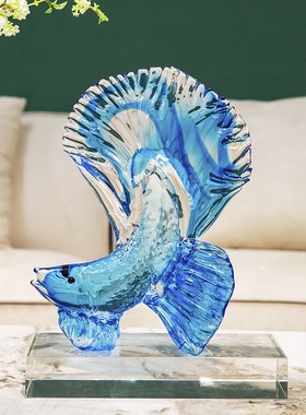 优选现代轻奢琉璃渐变蓝色斗鱼摆件高档酒柜玄关客厅家居装饰品礼
