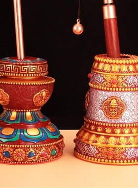 优选藏式手摇底座莲花财神箭树脂八吉祥浮雕家用供奉转筒桶底座摆