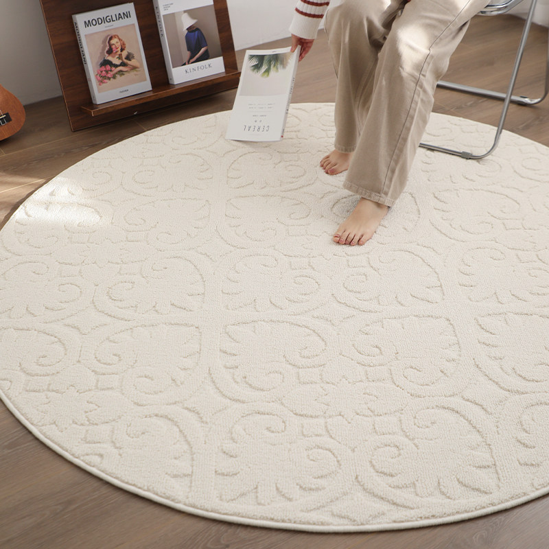 优选CASLN奶油色浮雕圆形地毯法式轻奢客厅茶几防水防污书房卧室