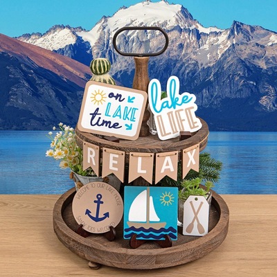 Relax标志出游度假放松游湖风格 室内桌面木质摆件 分层托盘装饰