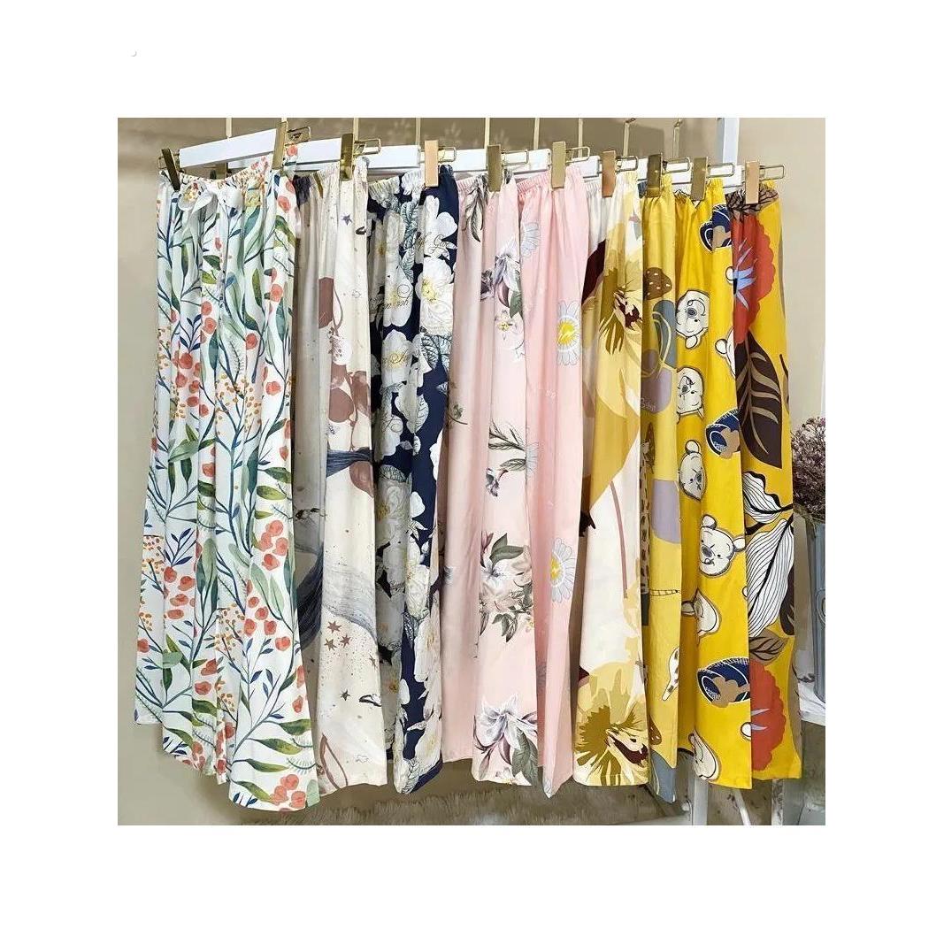 棉绸睡裤女士夏季薄款大码人造绵绸可外穿家居碎花长裤子直筒宽松