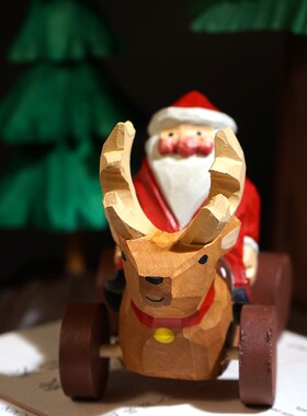 精选骑驯鹿车圣诞老人手工木雕小摆件卡通趣味节日氛围感装饰品礼