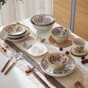 汤碗面碗面钵家用菜盘子 日本进口餐具赤花红米饭碗釉下彩陶瓷日式