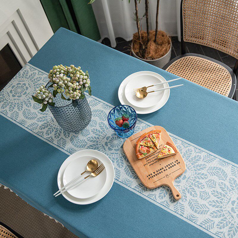 蓝色简约现代棉麻布艺提花餐桌布西餐厅台布高级感家用流苏盖布