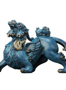 《飞天貔貅》招财貔貅摆件铜皮丘公母一对家居店铺办公室开业礼品