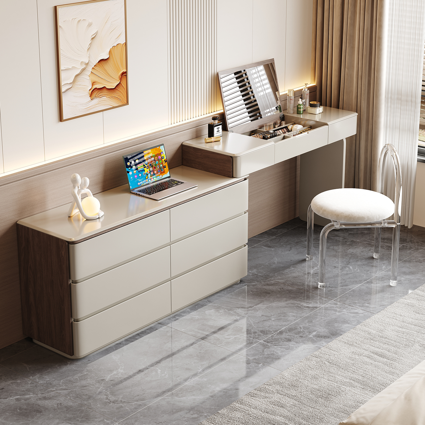 E家魅力翻盖梳妆台斗柜一体意式卧室现代简约床尾主卧化妆桌实木