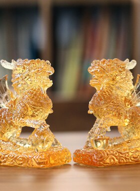 精选古法琉璃麒麟中式桌面摆件节日送礼家居摆件麒麟一对乔迁商务