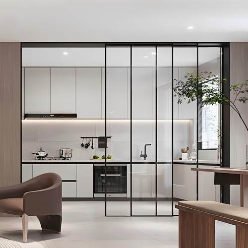 定制厨房门拉门阳台三联动极窄钢化玻璃极简移门客厅平移隔断门