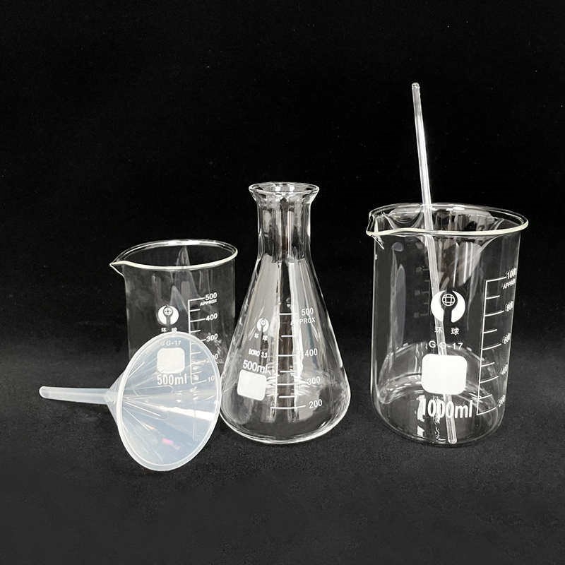 烧杯500ml*1+1000ml*1+三角瓶500ml+玻璃棒 +塑料漏斗90mm(28)