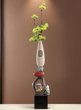 新中式细长高陶瓷造景迎客松花瓶摆件石来运转客厅玄关办公室装饰