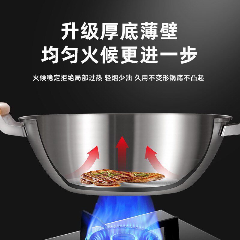 双耳不锈钢炒锅不粘锅平底锅大锅商用燃气灶电磁炉专用炒菜锅家用