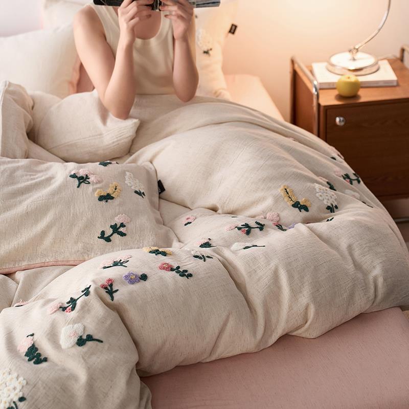 小清新春夏天丝棉麻裸睡四件套花朵 女孩毛巾绣床单被套床笠床品