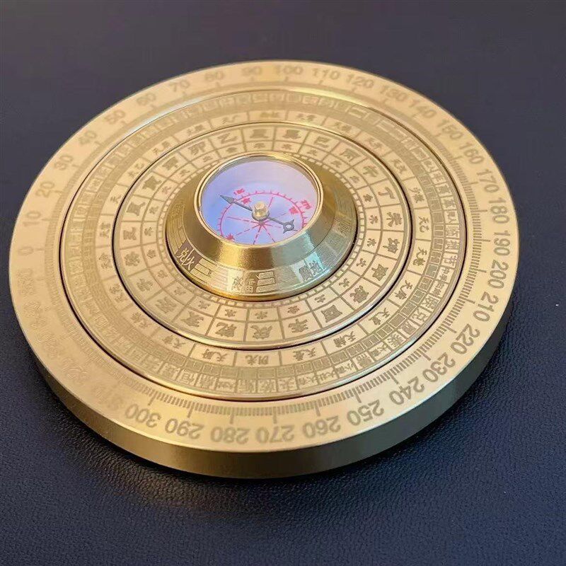 多圈旋转实心黄铜风水罗盘摆件太极周易八卦手把件迷你解压古转盘