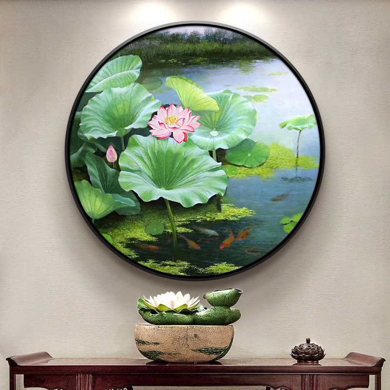 新中式圆形手绘油画客厅饭厅装饰画九鱼图荷花叶油画玄关招财挂画