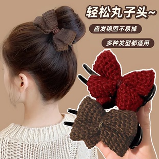 针织蝴蝶结丸子头抓夹女发夹盘发固定双面蝴蝶结多色可选秋冬时尚