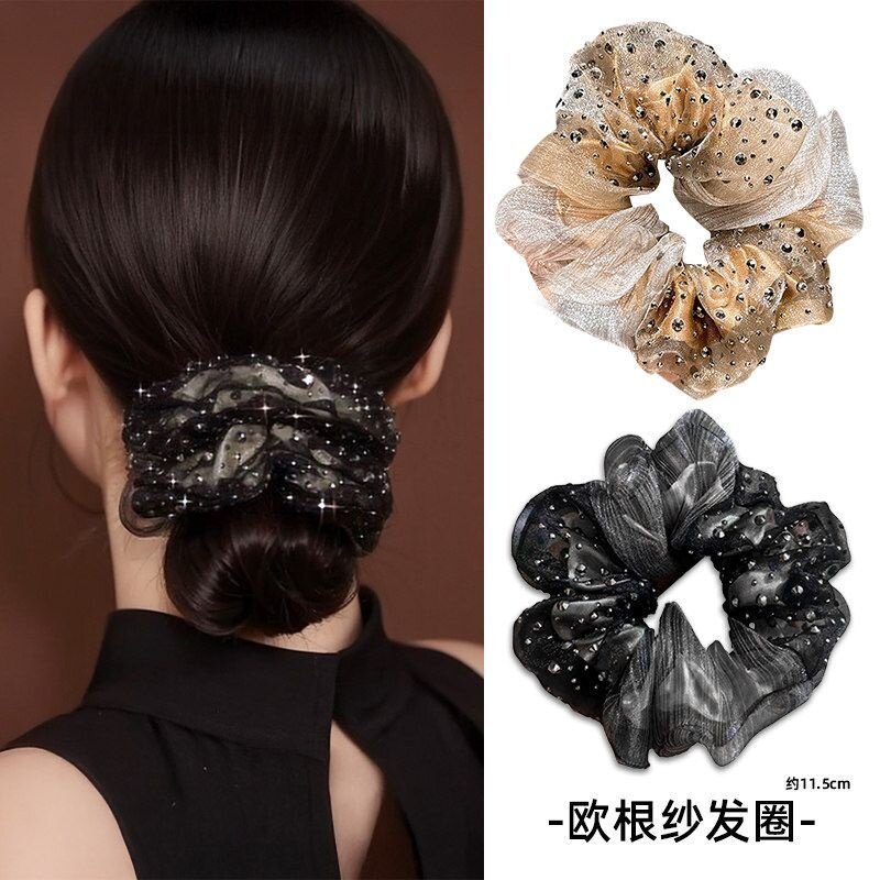 欧根纱韩版发圈满天星镶嵌法式双层水钻甜美气质头花扎头发头绳女