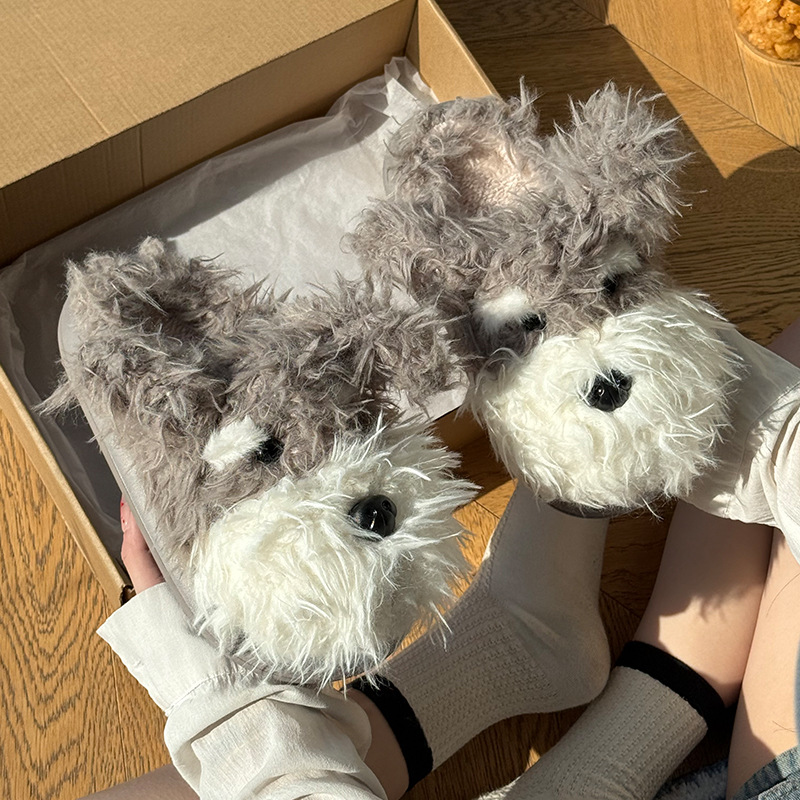 雪纳瑞小狗棉拖鞋女款2025新款室内家居防滑可爱保暖绒毛拖鞋冬天