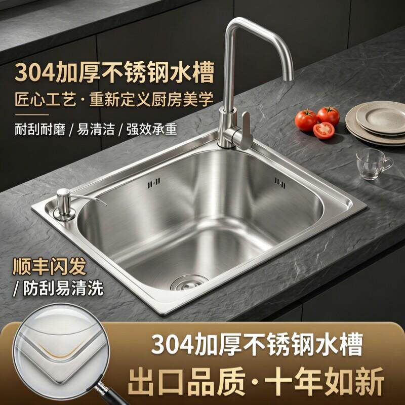 304不锈钢水槽单槽厨房洗菜盆加厚洗碗家用拉丝洗手盆阳台一体槽