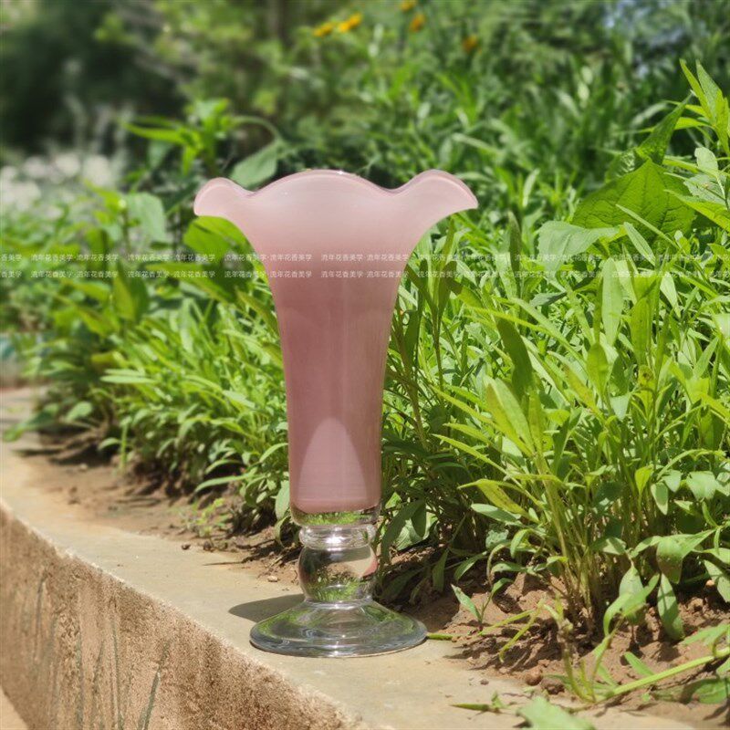 藕粉色花瓣口透明底座纯手工玻璃风灯花瓶水养插花器家居装饰摆件