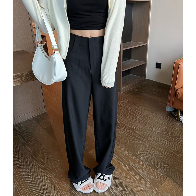 黑灰色阔腿裤女高腰垂感高级感西装裤休闲拖地窄版直筒裤春秋季