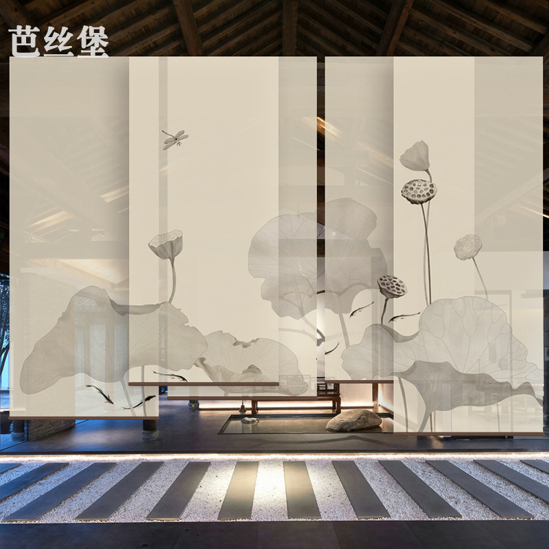 中式帘子悬挂式软屏风卧室卷帘窗帘房间屏风隔离拉帘茶室装饰荷花