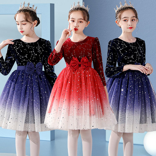 儿童演出服公主裙秋冬女舞蹈表演跳舞蓬蓬裙长袖中学生朗诵合唱服