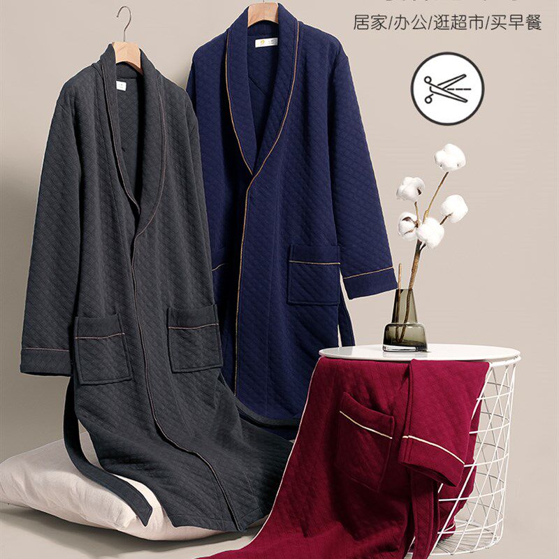 睡袍男士睡衣春秋季加厚纯棉长袖秋冬款薄款夹棉浴袍浴衣长款全棉
