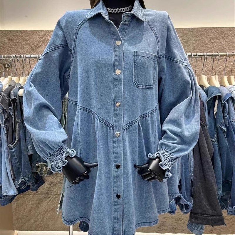 韩国东大门2025春秋新款设计感爱心纽扣宽松蓬蓬牛仔衬衫式连衣裙,女装/女士精品,连衣裙,淘宝优惠券,粉丝福利购,淘宝优惠卷