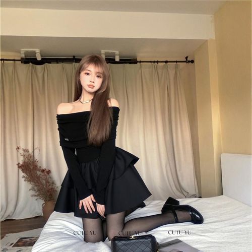 一字肩长袖连衣裙女秋季生日晚礼服裙黑色收腰蛋糕裙高级气质短裙