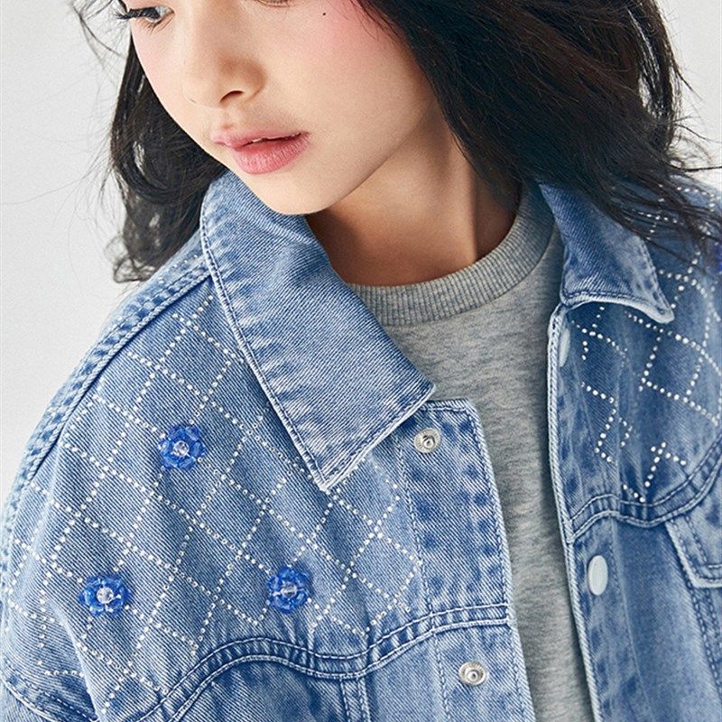 女童牛仔外套秋季童装2024新款儿童小众亮片小蓝花中大童夹克上衣