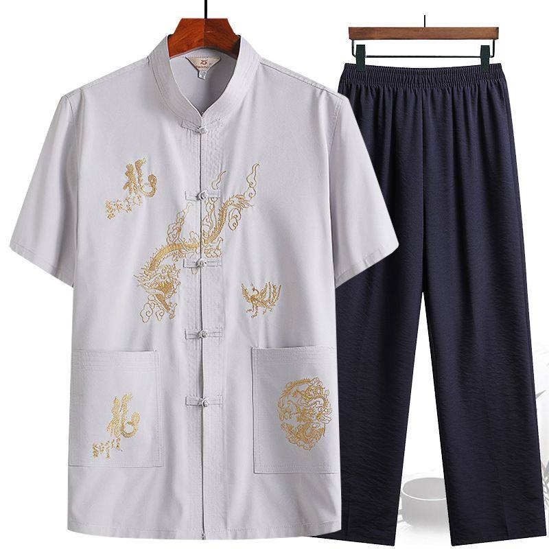 中老年人夏季套装唐装男复古短袖衬衫爸爸太极晨练服爷爷休闲汉服,男装,唐装,淘宝优惠券,粉丝福利购,淘宝优惠卷