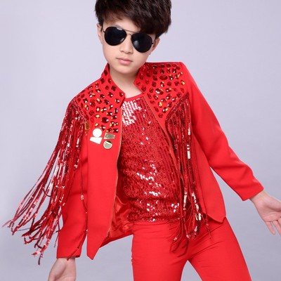 国庆模特走秀歌手主持人表演流苏亮片演出服装男童架子鼓舞台套装