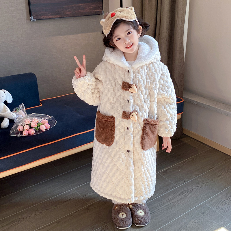 儿童睡袍睡衣裤套组冬季加厚款三层夹棉女童小孩珊瑚绒法兰绒家居