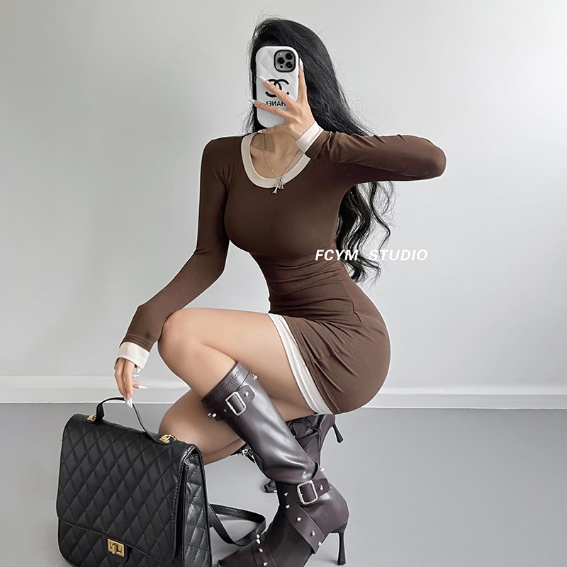 风车与矛 美式辣妹圆领假两件长袖连衣裙女夏季薄款高腰包臀短裙