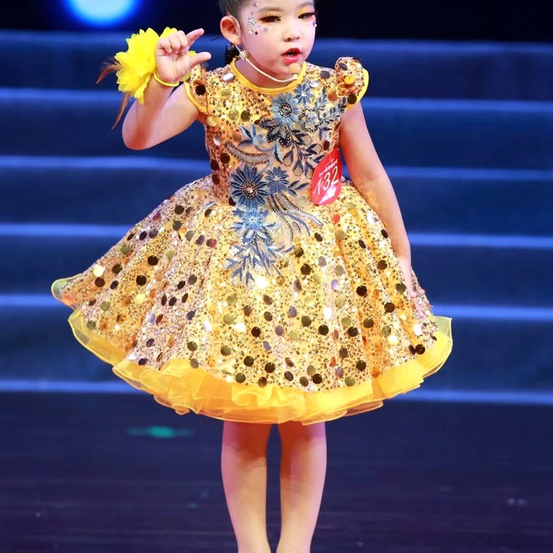 儿童元旦走秀礼服舞蹈公主裙钢琴主持人表演蓬蓬纱裙女童演出礼服