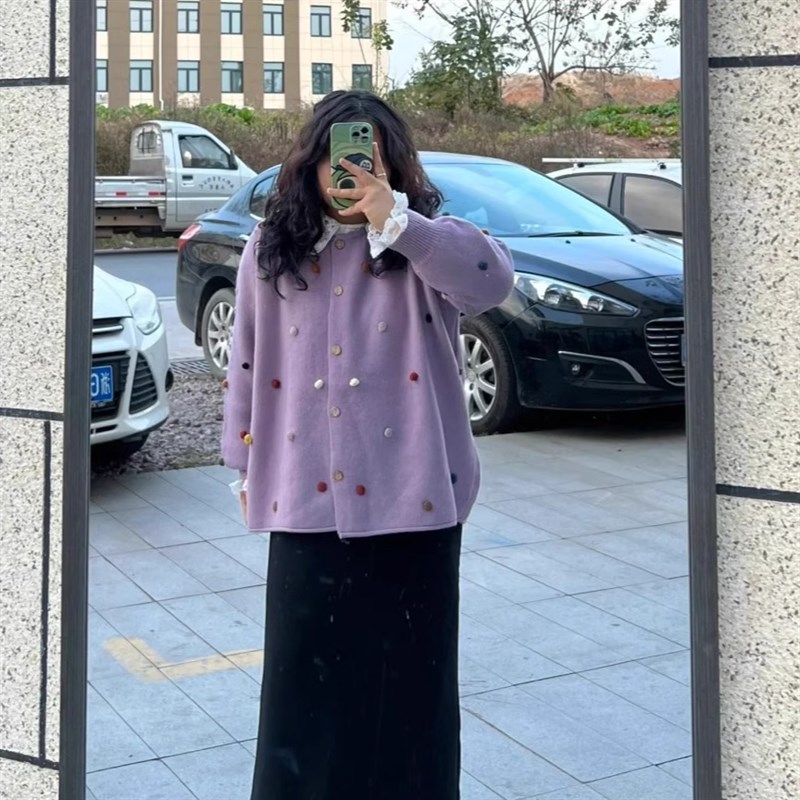 胖薯大码紫色V领毛衣开衫外套女秋冬软糯慵懒风宽松高级感针织衫