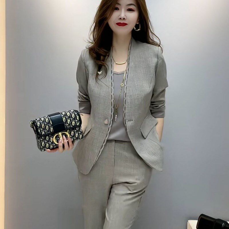 2025新款时尚套装女春秋装气质显瘦西装外套直筒裤3件套职业正装