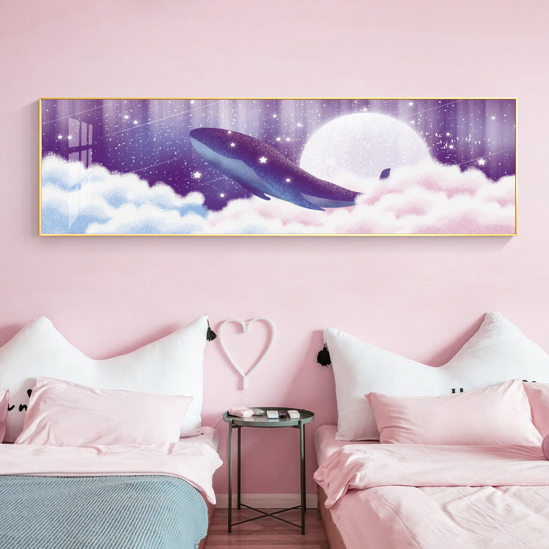 儿童卧室床头装饰画晶瓷梦幻鲸鱼沙发背景墙壁画简约横版大气挂画图片