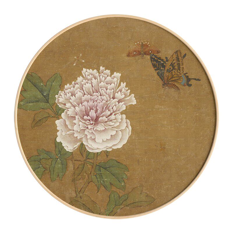 网红新中式进门框过道玄关客厅装饰画圆形实木入户花卉挂画荷花图