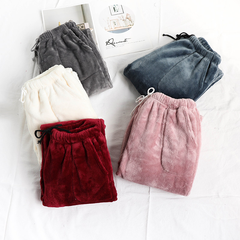 珊瑚绒家居裤女士秋冬大码直筒加绒加厚保暖宽松法兰绒睡裤暖暖裤