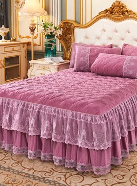 优选保暖水晶绒蕾丝夹棉床裙单件冬法莱绒加厚床罩法兰绒床笠床套