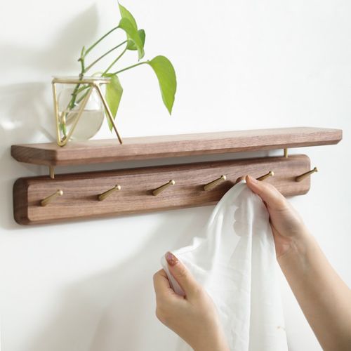 优选黑胡桃木简约壁挂实木黄铜玄关门后卧室置物收纳挂衣钩帽钩免