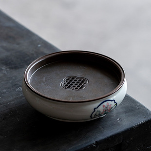 新品 手绘兰花壶承仿古开窗高足蓄水茶盘圆形手工田园风干泡台 中式