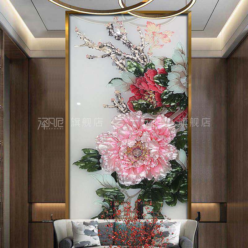 牡丹手绘珐琅彩玄关装饰画花鸟客厅餐厅轻奢挂画酒店大气壁画别墅