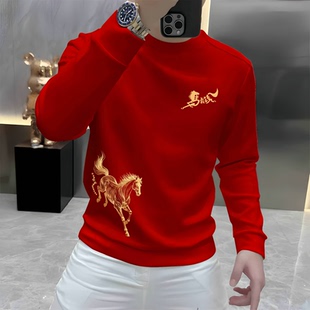 新款国潮风男士红色骏马印花圆领卫衣本命年高级感百搭长袖上衣男