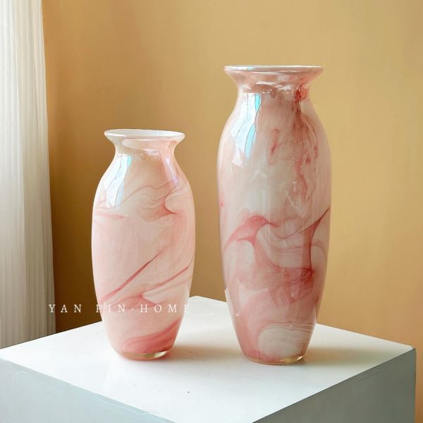 中古轻奢粉色琉璃云雾纹理花瓶创意鲜花插花器高级感客厅家居摆件