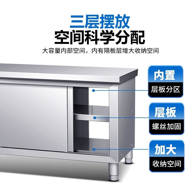 厨房操作台不锈钢工作台面储物柜切菜桌子带拉门案板商用专用饭店