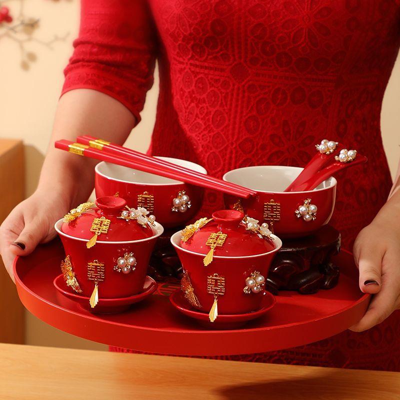 蝶恋花喜碗婚礼茶杯杯子结婚一对改口喜杯红色茶具碗筷套装陪嫁