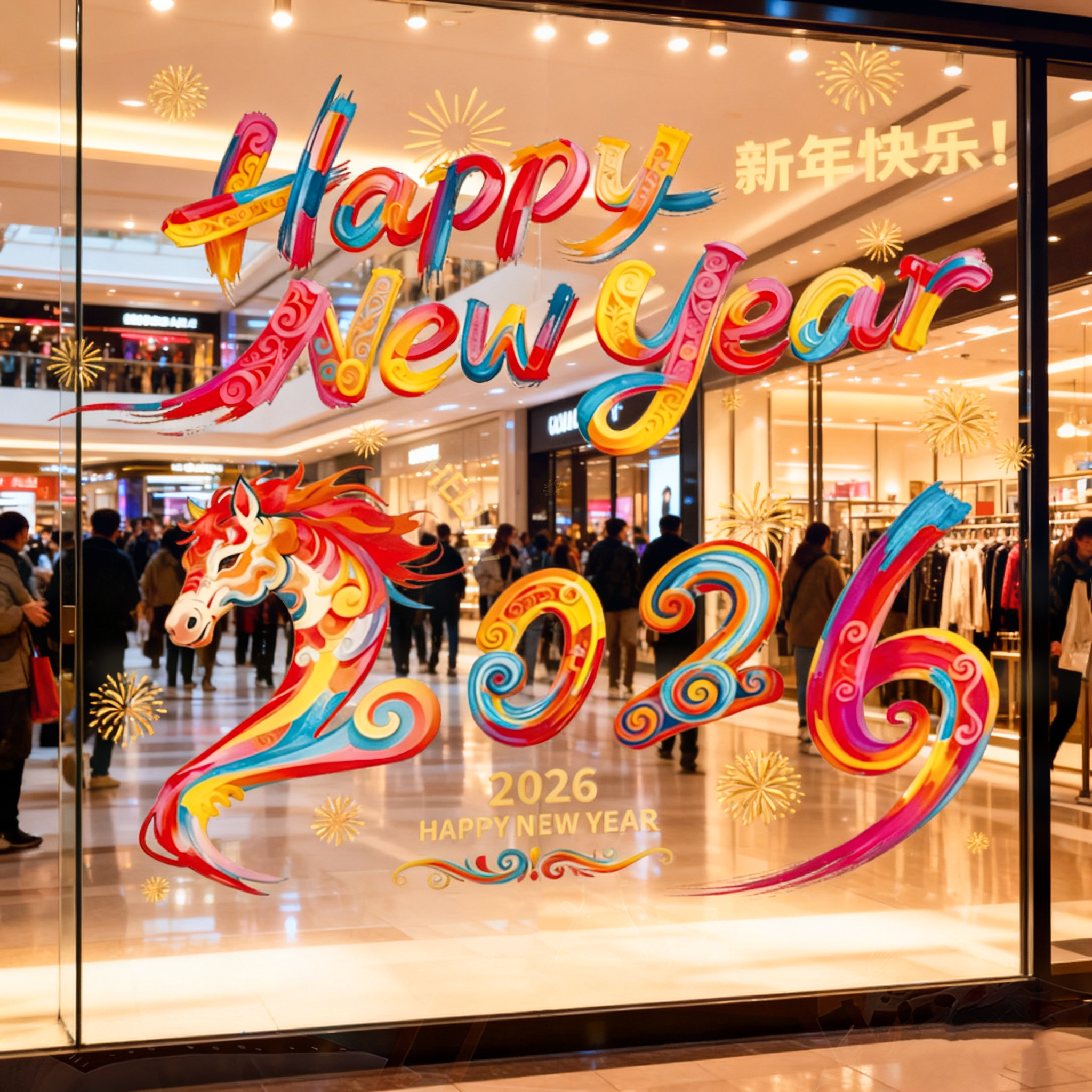 2026马年静电贴纸新年快乐彩色涂鸦墙贴春节装饰贴纸节日布置用品,家居饰品,软装墙贴,淘宝优惠券,粉丝福利购,淘宝优惠卷